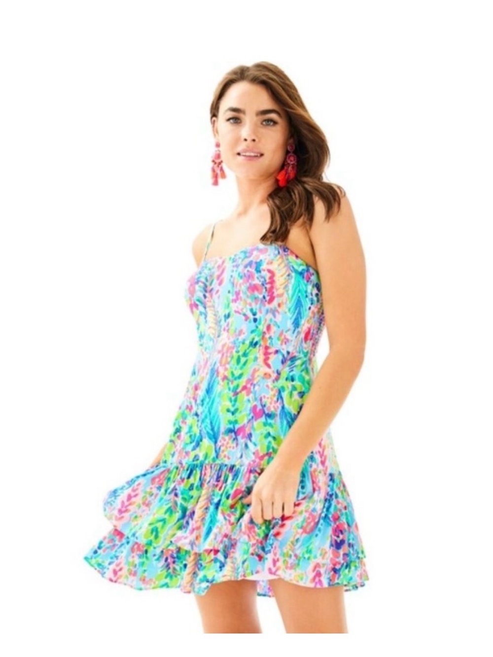 Rare 🦄 Lilly Pulitzer Blue Multi Floral Ruffle-Hem Mini Dress